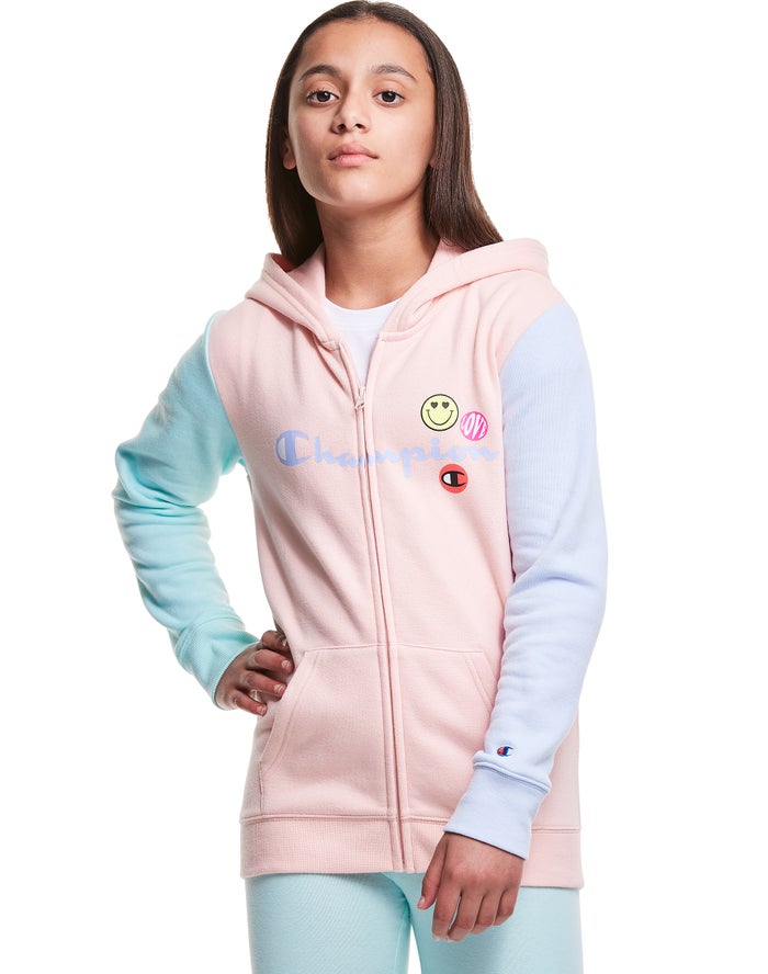 Champion Colorblock Fleece Full Zip Smiley Face Hoodie Meisjes - Koraal/Blauw - Belgie 1278BGMJS